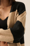 Striped Knit Open-Front Duster Pocket Cardigan: Black-Taupe / L