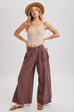 DRAWSTRING PATCH POCKETS WIDE LEG PANTS: MOCHA / L