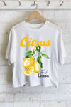 CITRUS FRESH LEMON GRAPHIC LONG CROP TOP: STONE