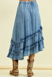 ASYMMETRICAL RUFFLE MIDI SKIRT - 6606S: DENIM / S