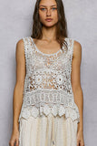 Round Neck Sleeveless Crochet Scalloped Opening Top: NATURAL / Os