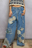 Floral Embroidered Patches Butterfly Patchwork Woven Pants: BLACK STRIPED MULTI / L
