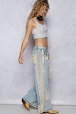 Stud Detail Woven Denim Pants: TEAL PLAID / M