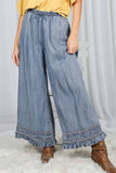 Flared Ruffle Hem Washed Chambray Crop Denim Pants VP83186: Washed Denim / S
