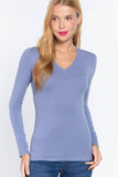 Basic Solid Long Sleeve V Neck Top: CELADON GREEN / 2-2-2 (S-M-L)