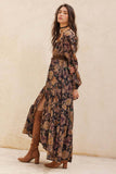 Floral Button-Front Tiered Ruffle Maxi Dress: Chocolate / M