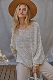 W1106 | Sweater Knit Crochet Round Neck Long Sleeve Top: Jade Green / Large