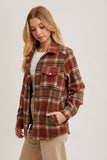 BUTTON DOWN PLAID SHACKET: BROWN COMBO / S