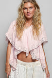 Lace Trim V Ruffle Detail Textured Woven Short Sleeve Top: PALE BLUE / S