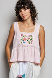 Double Gauze Floral Shirring Square Neck Sleeveless Top: TAN TOFFEE / S
