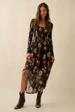 Floral-Print Mesh Smocked Long-Sleeve Maxi Dress: BLACK / L