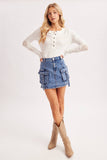 CROCHET PATCH SLEEVED HALF BUTTON ROUND NECK TOP: IVORY / L