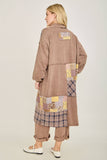 Mineral Washed Boho Plaid Patched Long Fall Jacket HT6861: Chocolate / S-M-L / 2-2-2