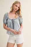 SQUARE-NECK DENIM TOP WITH LACE DETAIL: LT.DENIM / S