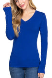 Basic Solid Long Sleeve V Neck Top: CELADON GREEN / 2-2-2 (S-M-L)