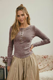 WASHED LONG SLEEVE RIBBED HENLEY KNIT TOP: LIGHT OLIVE
