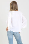 F2846-ASIS FLARE BELL SLEEVE LACE INSET V NECK TOP: White / L