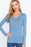 Basic Solid Long Sleeve V Neck Top: CELADON GREEN / 2-2-2 (S-M-L)