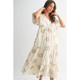 FLORAL EMBROIDERED MAXI DRESS: CREAM/MOCHA / S-M-L(3-2-1)