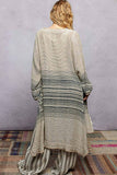 V-Neck Solid Stripe Linen Long Sleeve Cardigan: NATURAL MULTI / M