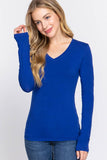 Basic Solid Long Sleeve V Neck Top: DEEP JUNGLE / 2-2-2 (S-M-L)