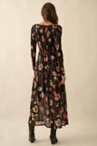 Floral-Print Mesh Smocked Long-Sleeve Maxi Dress: BLACK / M