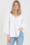 F2846-ASIS FLARE BELL SLEEVE LACE INSET V NECK TOP: White / L