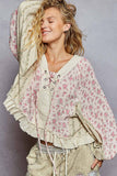 V neck balloon sleeve floral ruffle woven printed top: PINK MULTI / L