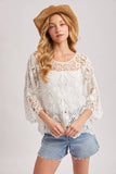BOHO SHEER CROCHET 3/4 SLEEVED TOP WITH NO LINING: NATURAL / M