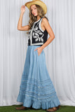 Ruffle Frayed Hem Chambray Casual Western Maxi Skirt VS83151: Washed Denim / L