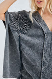 Mineral Washed Doily Boho Pancho Vneck top HT6680: Olive