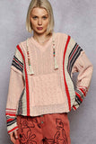 V neck striped pattern pocket detail chenille hoodie sweater: ALMOND / S