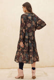 Floral-Print Tiered Ruffle Long-Sleeve Midi Dress: RETRO BLUE / L
