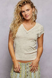 Vintage Wash V Neck Cotton Slim Fit Tee Top: OATMEAL / S