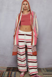 Striped pattern toggle button Berber sweater hoodie cardigan: PINK MULTI / L