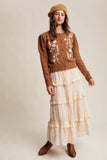 Floral Embroidered Puff Sleeve Cardigan: Dark Olive / S