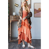 MINERAL WASHED TIERED RUFFLE HEM CAMI MAXI DRESS: DOLPHIN / S-M-L-XL(2-2-2-2)