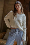 W1919 | Knit Sweater Pullover Top With Contrast Hems Detail: Ivory Grey / L