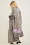 Mineral Washed Boho Plaid Patched Long Fall Jacket HT6861: Charcoal / S-M-L / 2-2-2