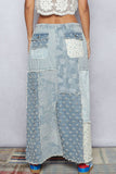 Floral pattern denim patchwork detail woven skirts: DENIM MULTI / L