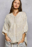 V-neck Short Sleeve Floral Embroidered Crochet Blouse Top: NATURAL / Os