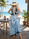 Ruffle Frayed Hem Chambray Casual Western Maxi Skirt VS83151: Washed Denim / L