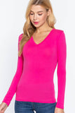 Basic Solid Long Sleeve V Neck Top: MOCHA MOUSSE / 2-2-2 (S-M-L)