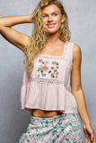 Double Gauze Floral Shirring Square Neck Sleeveless Top: NATURAL / L
