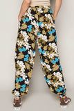 Adjustable string floral print woven harem pants: IVORY MULTI / L