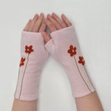 Fingerless Cashmere Gloves-Wildflower: Blue on Olive / One Size Fits Most