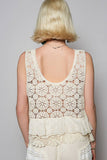 Round neck ruffle embroidered eyelet crochet top: White / Os