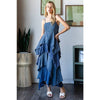 MINERAL WASHED TIERED RUFFLE HEM CAMI MAXI DRESS: DOLPHIN / S-M-L-XL(2-2-2-2)