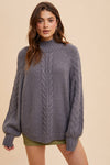 TEXTURED CABLE KNIT HIGHNECK SWEATER: OLIVE / L