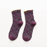 Vintage Embossed Floral Ruffle Cuff Mid Calf Socks: Yellow / M